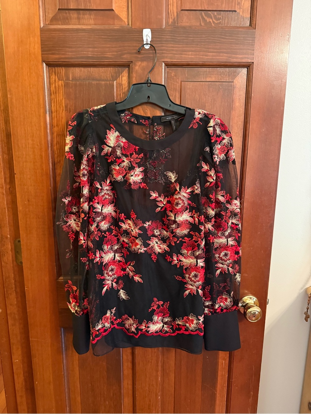 BCBGMaxAzria Black Sheer Blouse with Red and Cream Floral Embroidery